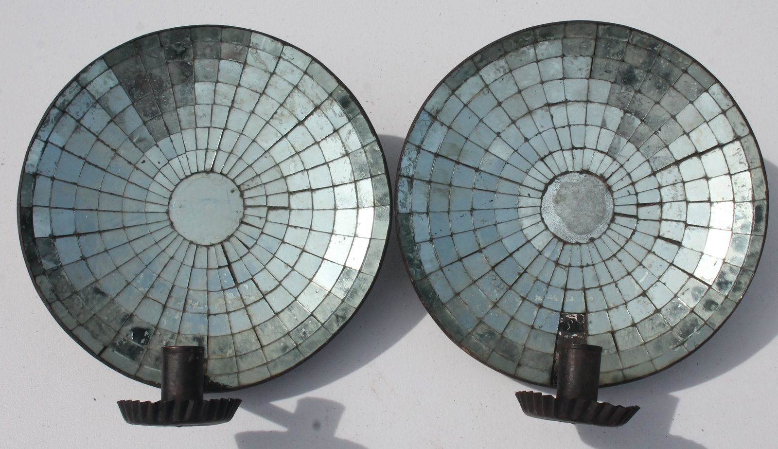pr of antique round tin mirrored sconces - 10" diam: pr of antique round tin mirrored sconces - 10" diam