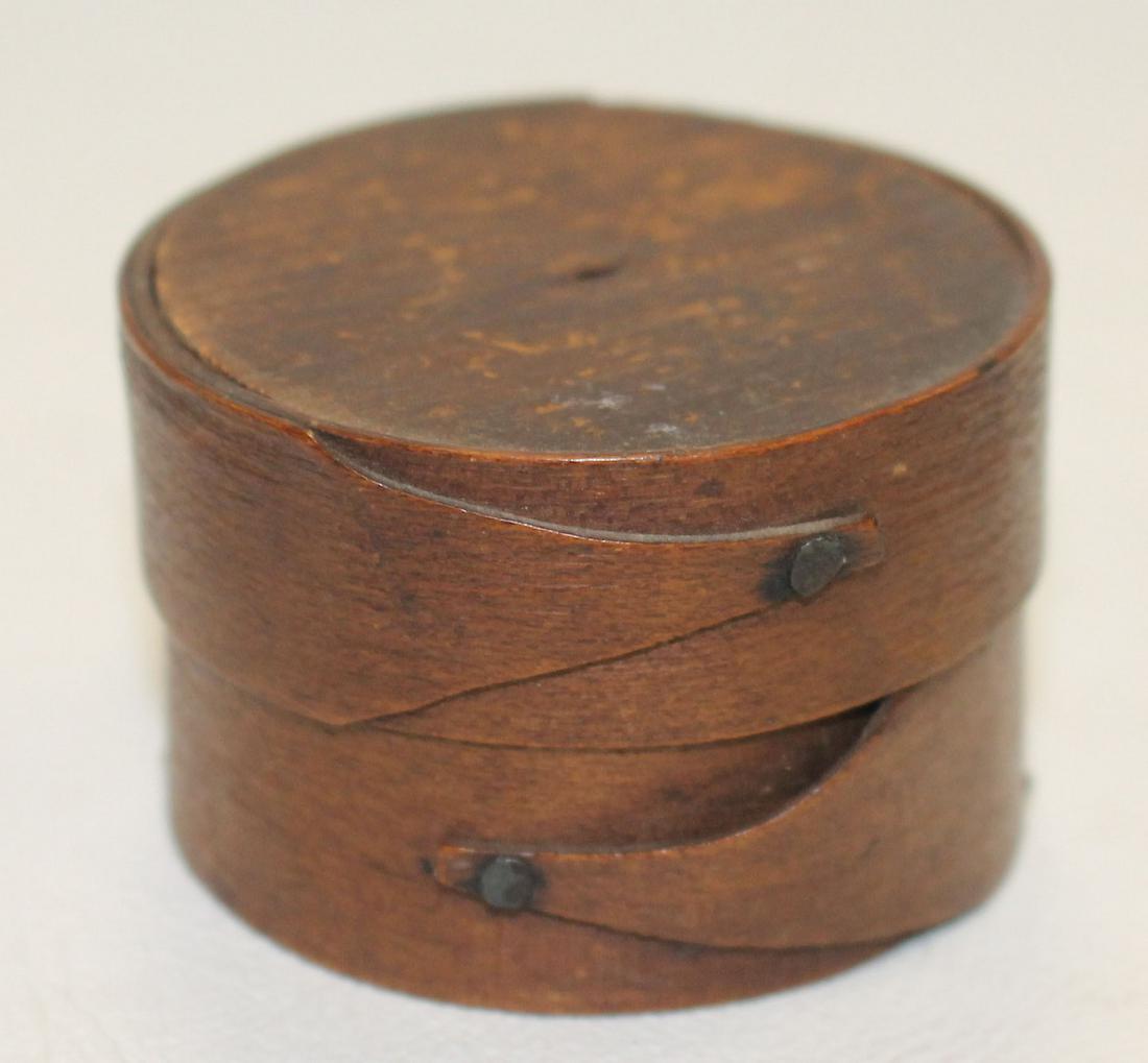 19thC miniature round pantry box in old surface - 2": 19thC miniature round pantry box in old surface - 2" diam x 1 1/2" tall