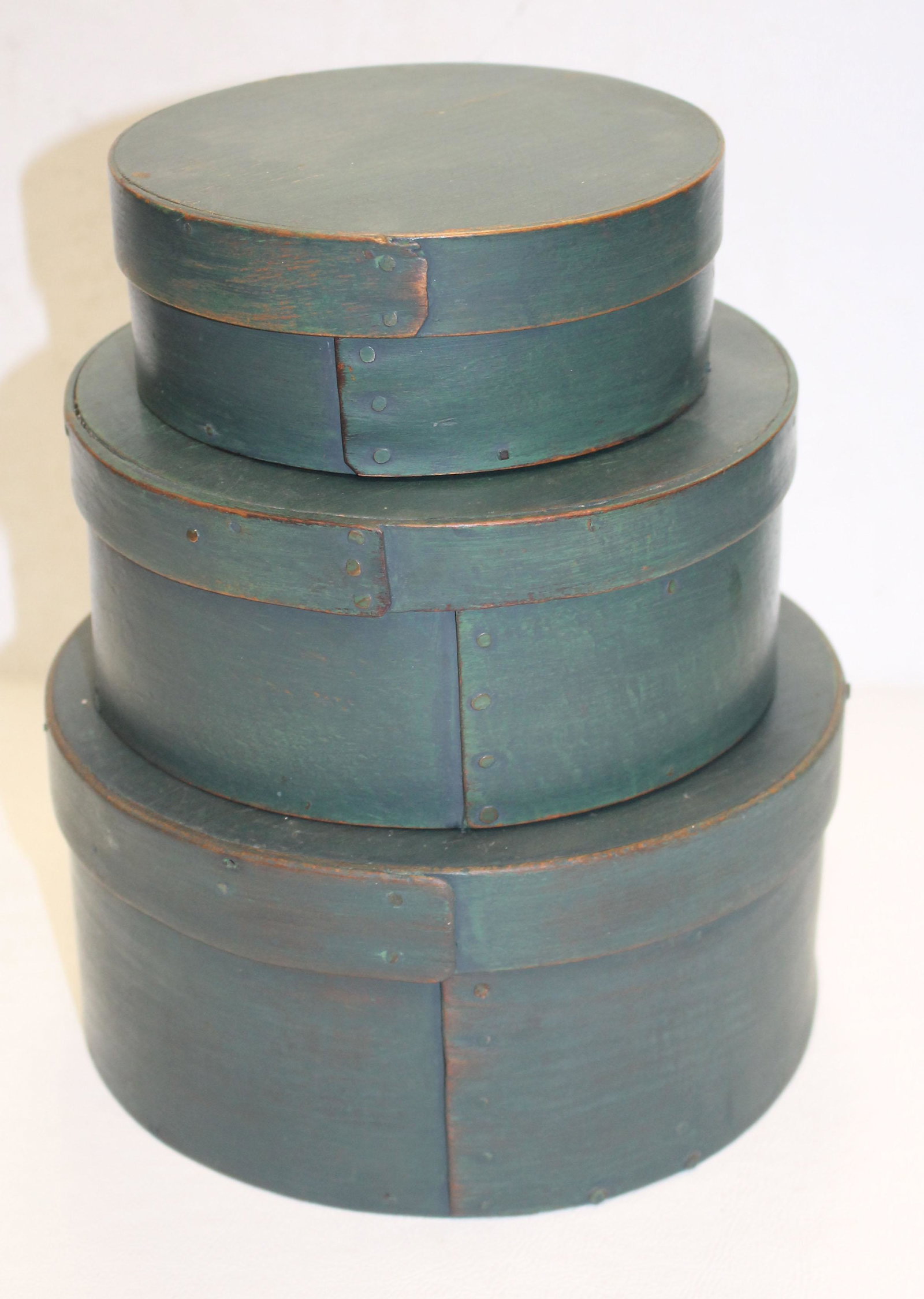 stack of 3 antique blue painted pantry boxes - 5 3/4",: stack of 3 antique blue painted pantry boxes - 5 3/4", 7", 7 3/4"