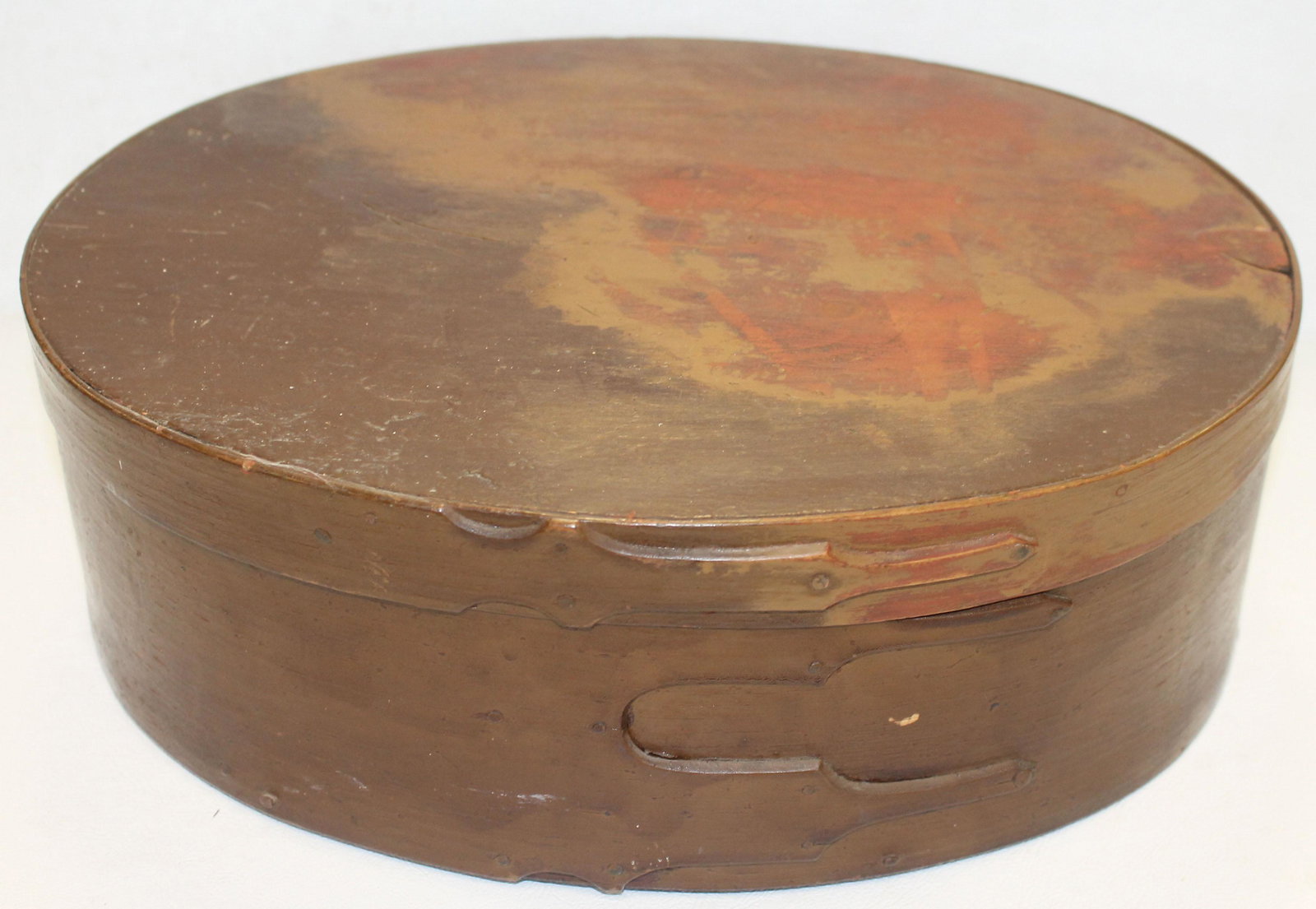 19thC Shaker large oval 3 fingered pantry box in later: 19thC Shaker large oval 3 fingered pantry box in later brown paint over orig red & mustard - from the Alfred Maine Community - 13"x10"x4 1/2" tall