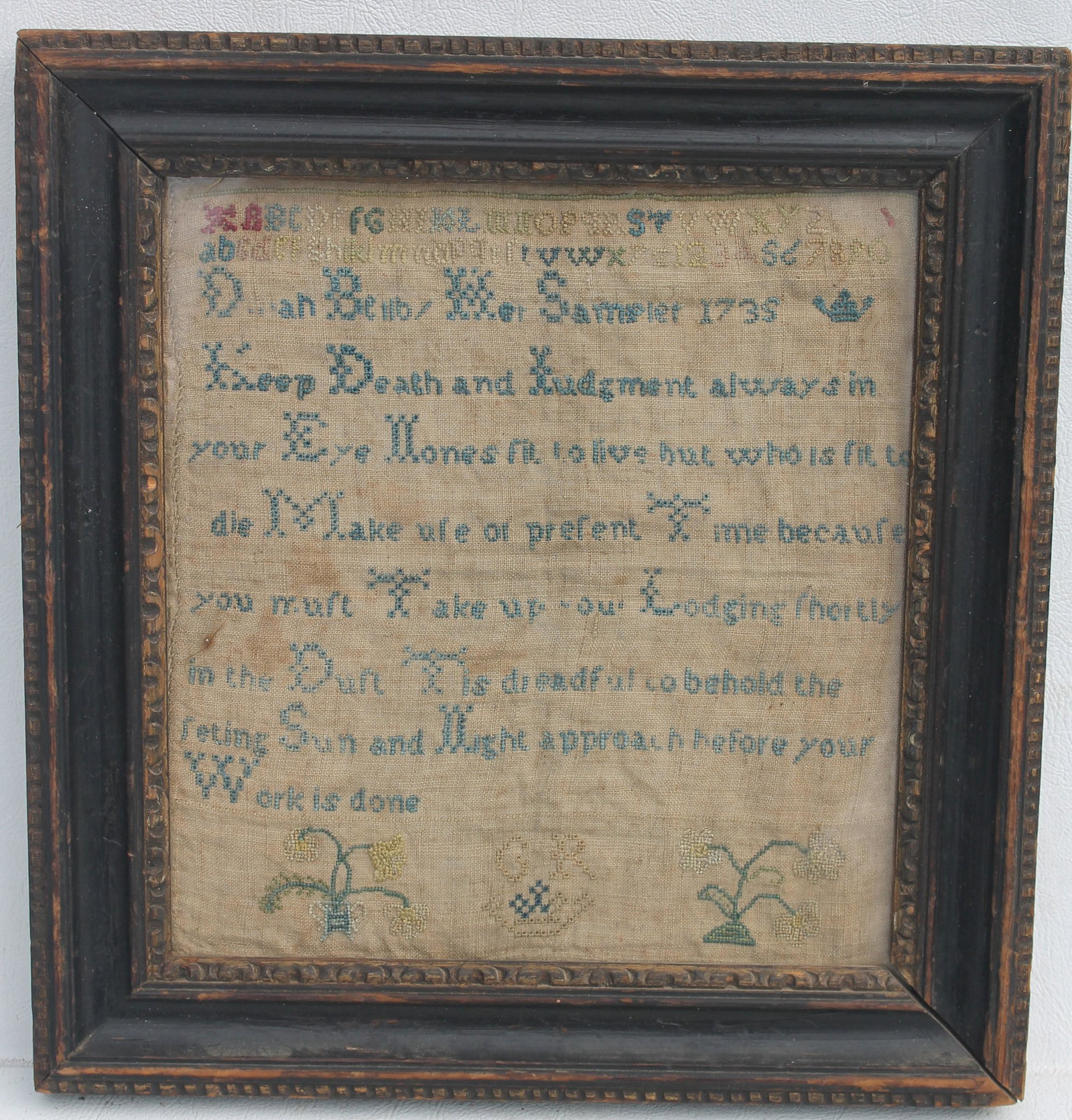 Very early 1735 sampler - 9 3/4"x9 1/4" framed size: Very early 1735 sampler - 9 3/4"x9 1/4" framed size