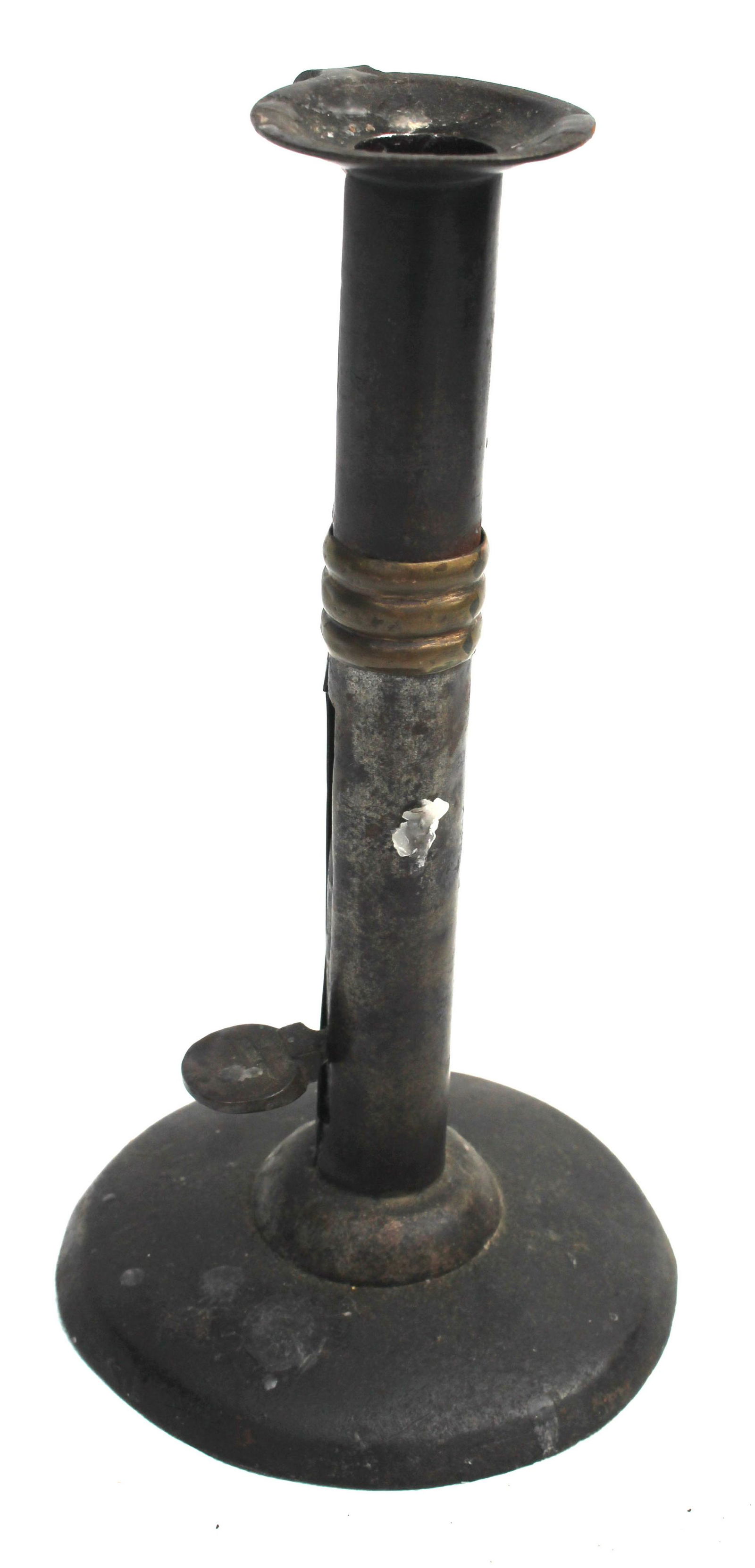 18th/early 19thC wedding band hogscraper candlestick -: 18th/early 19thC wedding band hogscraper candlestick - 7 1/2" tall