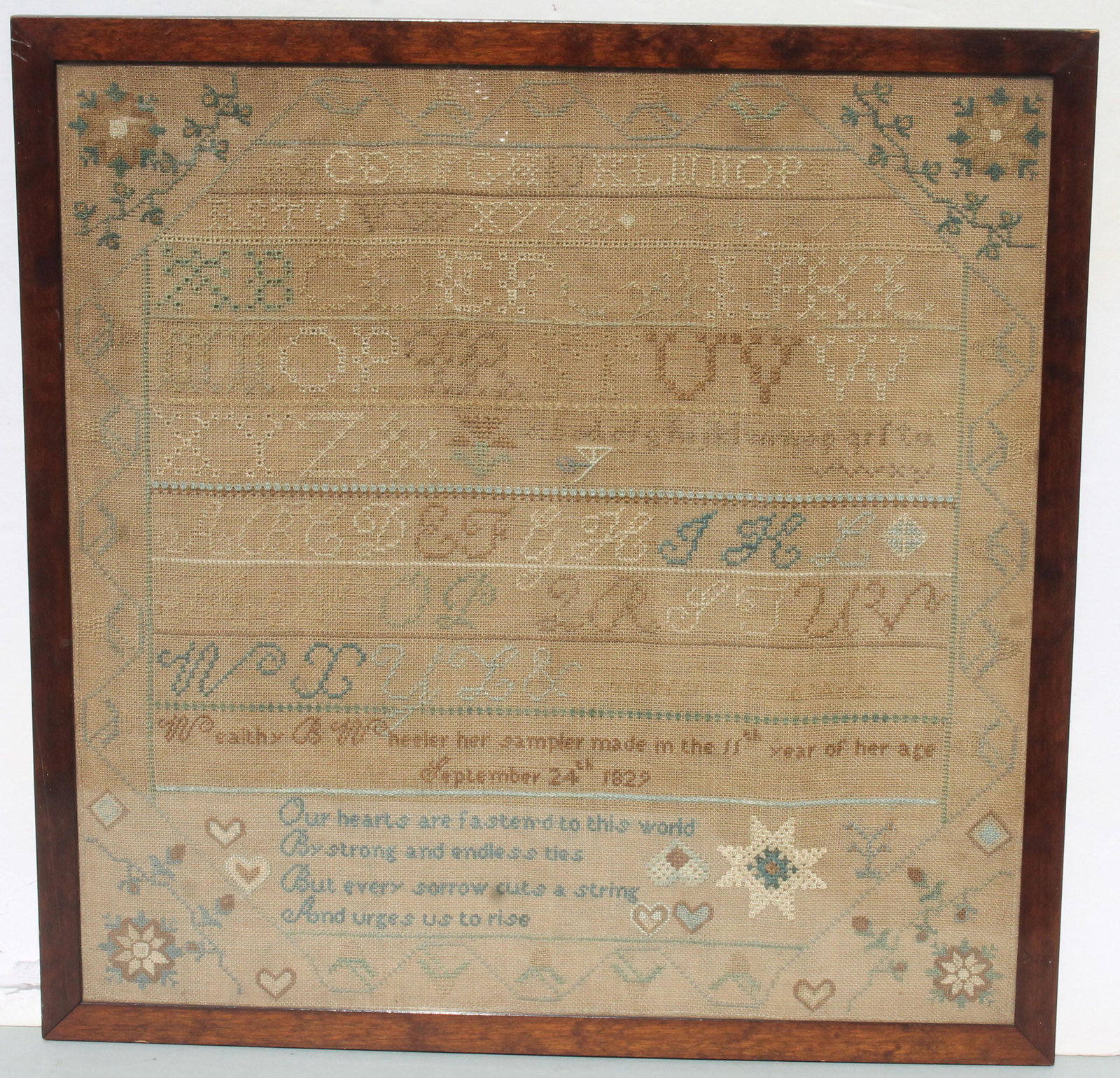 19thC American sampler by Wealthy B Wheeler 1829 at age: 19thC American sampler by Wealthy B Wheeler 1829 at age 11 - 18 1/2"x18 3/4"