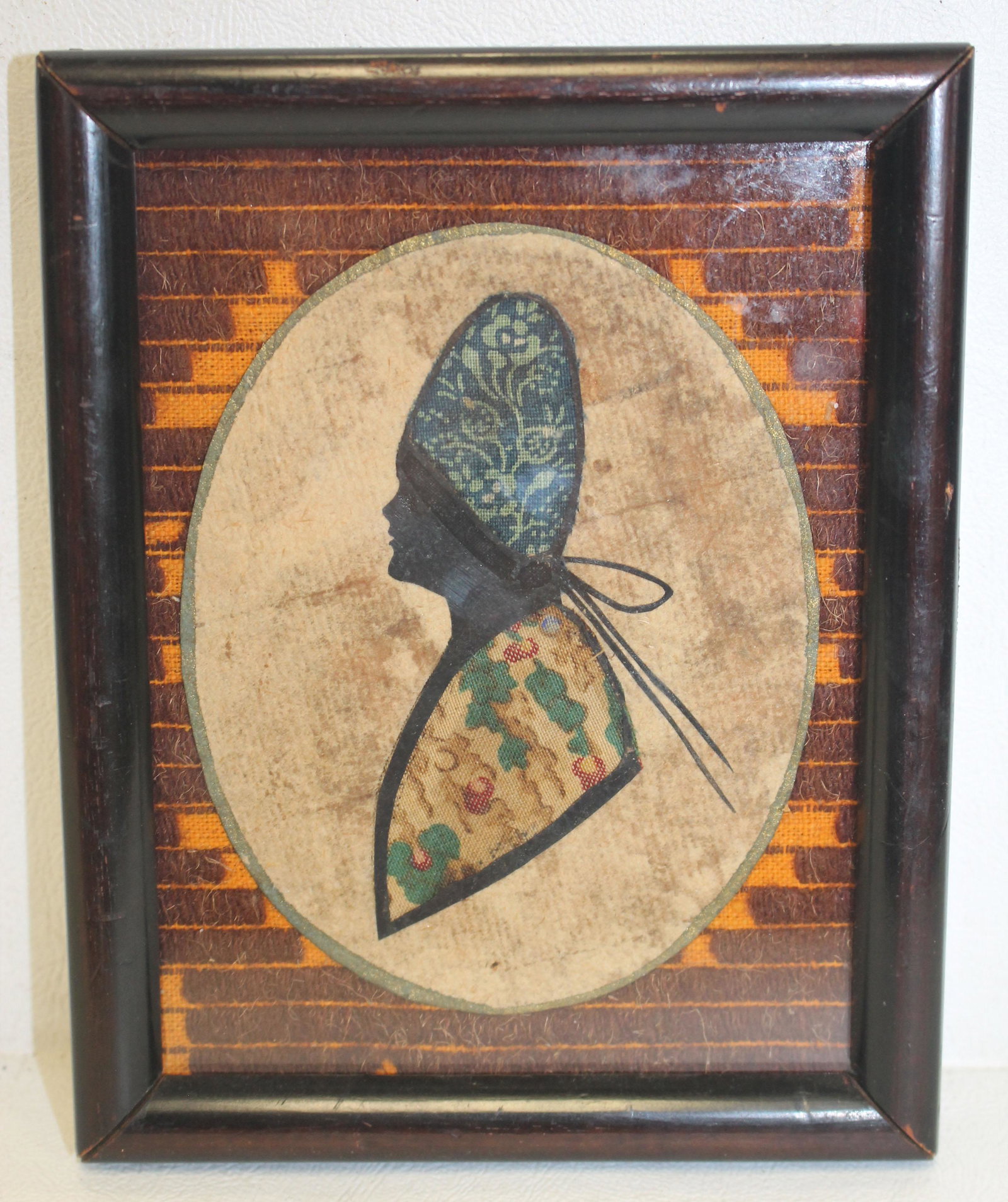 Antique American slave fabric silhouette - overall: Antique American slave fabric silhouette - overall framed size 6"x4 3/4"