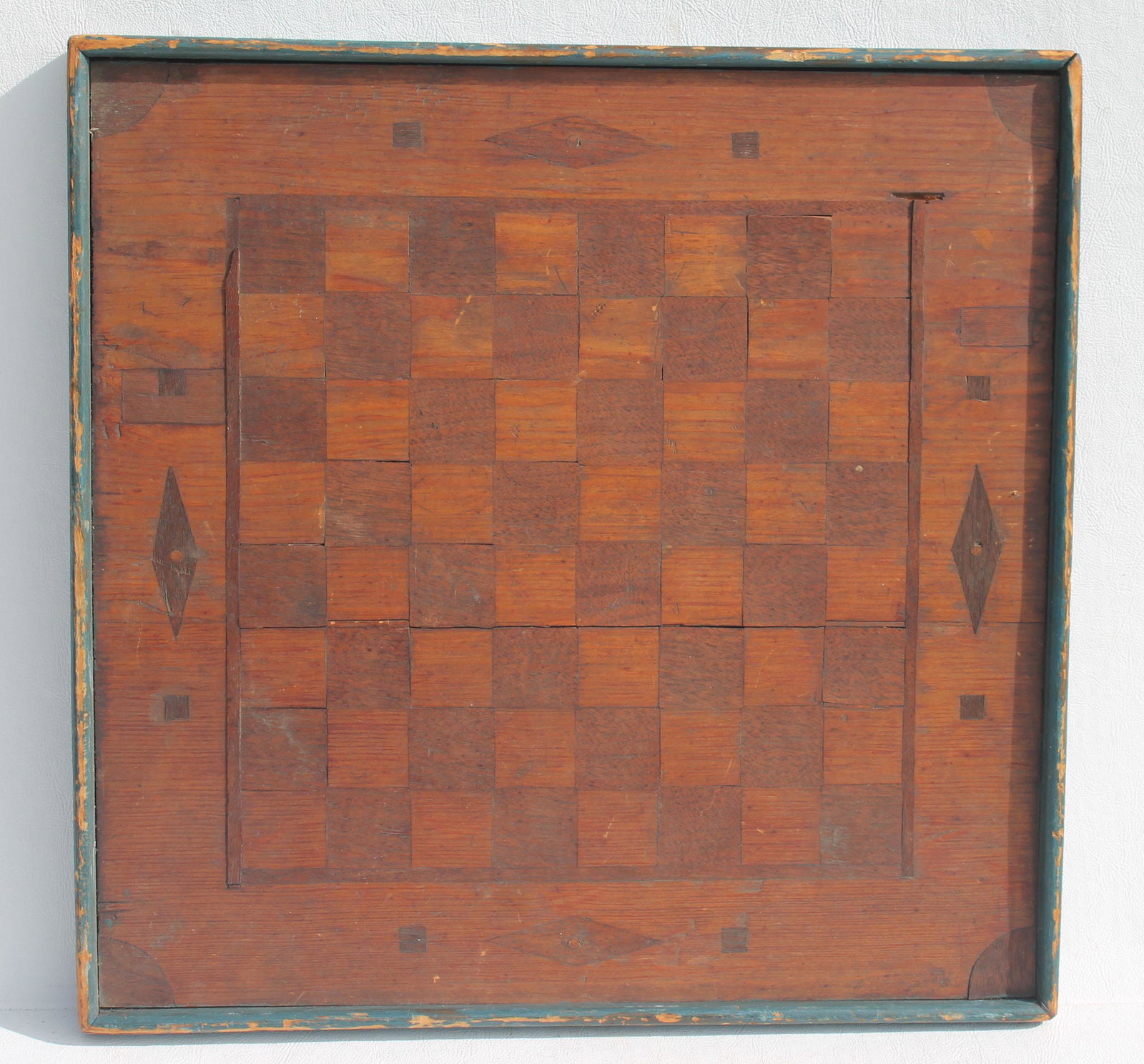 Antique inlaid checkers gameboard w painted blue border: Antique inlaid checkers gameboard w painted blue border - 15 1/2"x15 1/2"