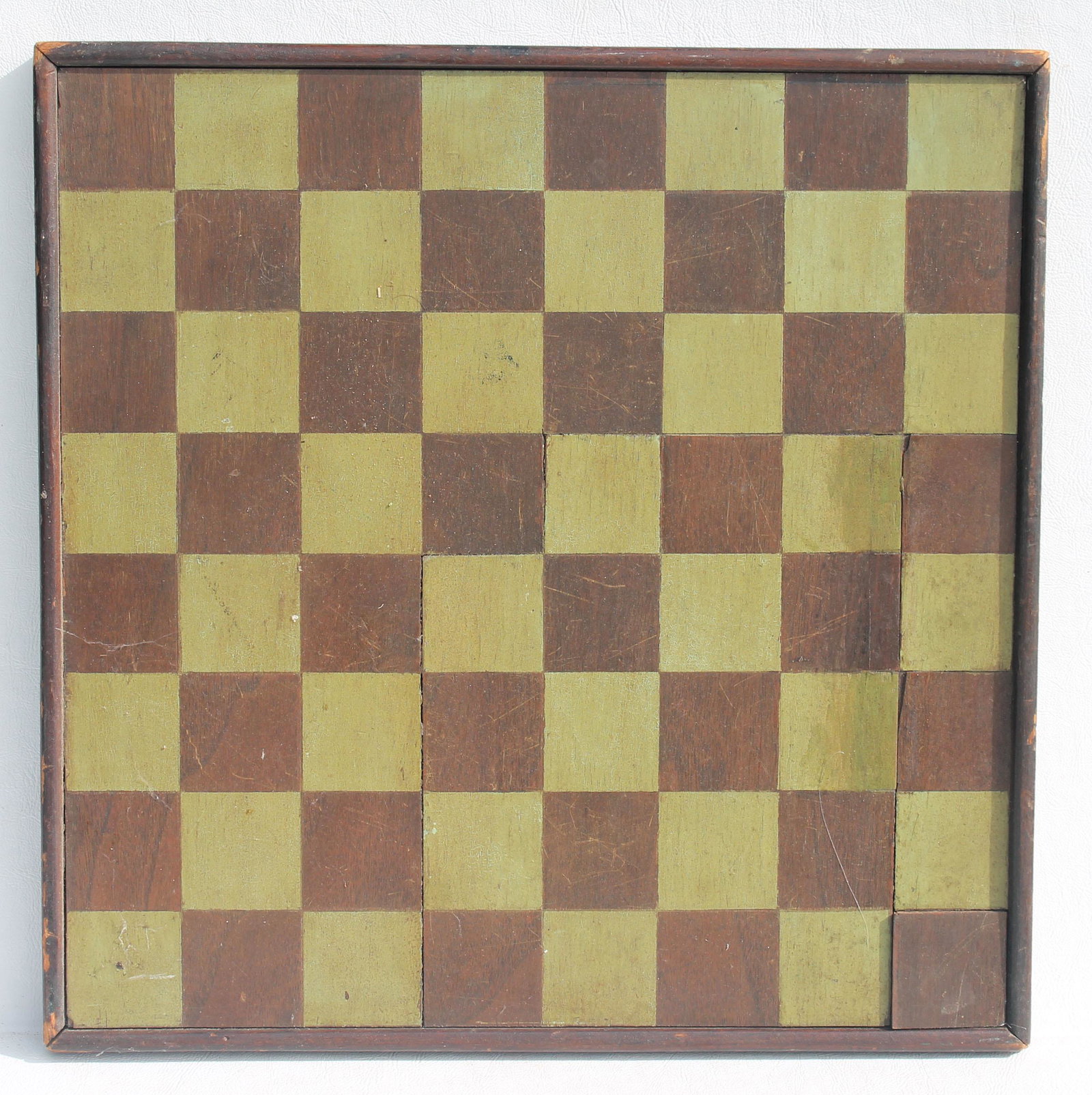 Antique green & brown checkers gameboard - 15"x 14 3/4": Antique green & brown checkers gameboard - 15"x 14 3/4"