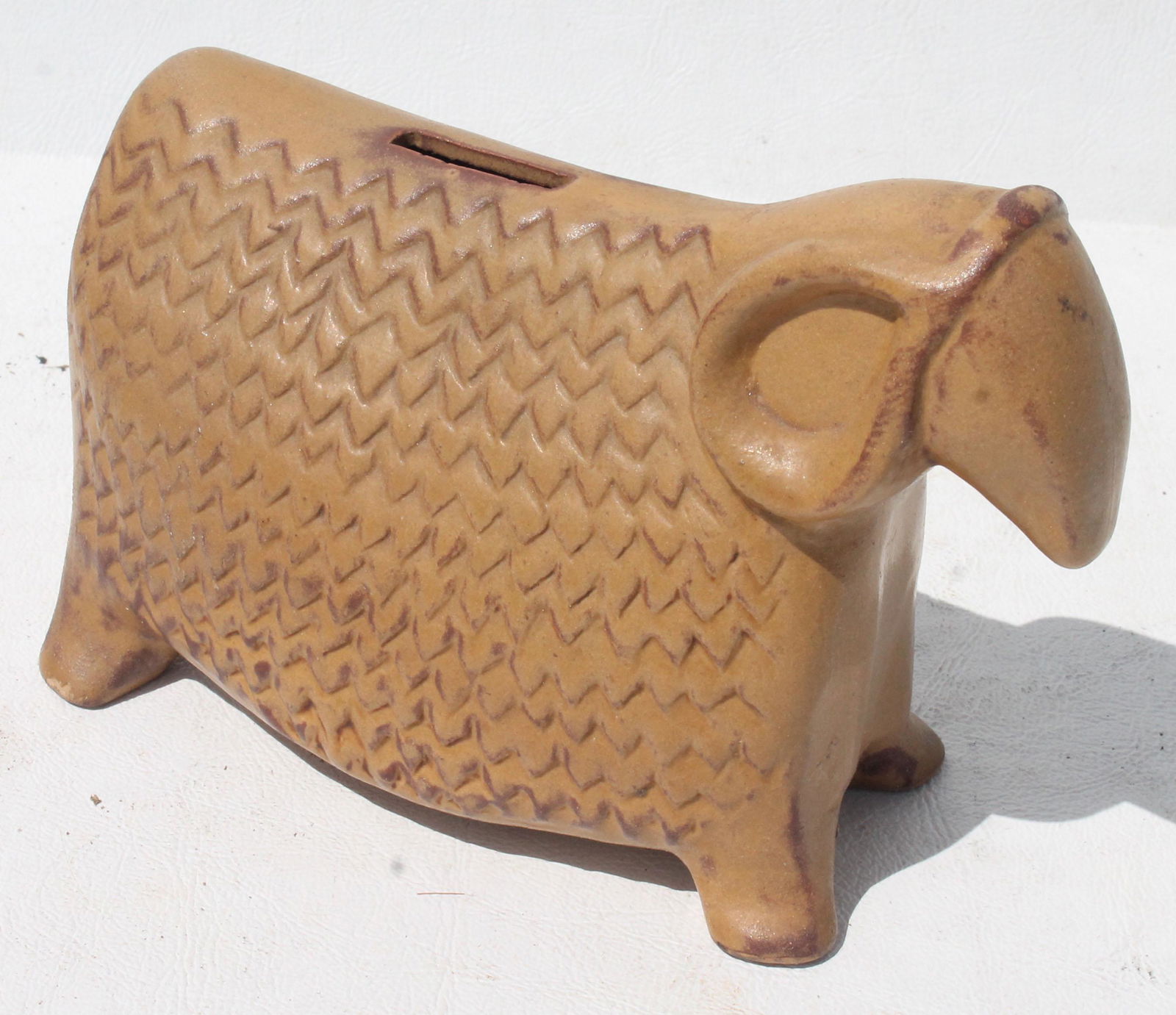 Antique redware sheep form bank - 4" tall x 6" long: Antique redware sheep form bank - 4" tall x 6" long