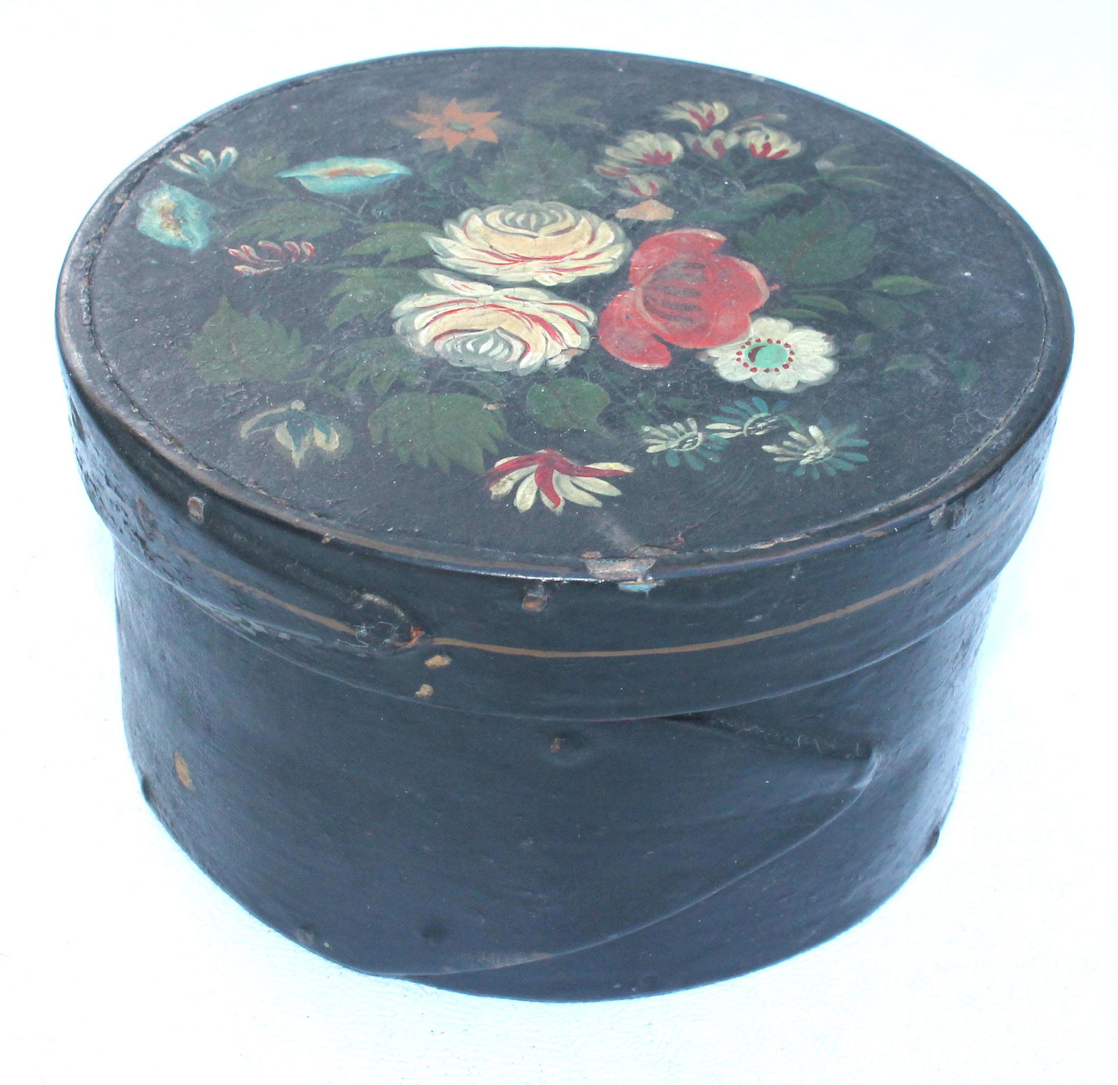 Antique round pantry box in black paint w floral: Antique round pantry box in black paint w floral painted lid - full of buttons - 5 3/4" diam x 3" tall