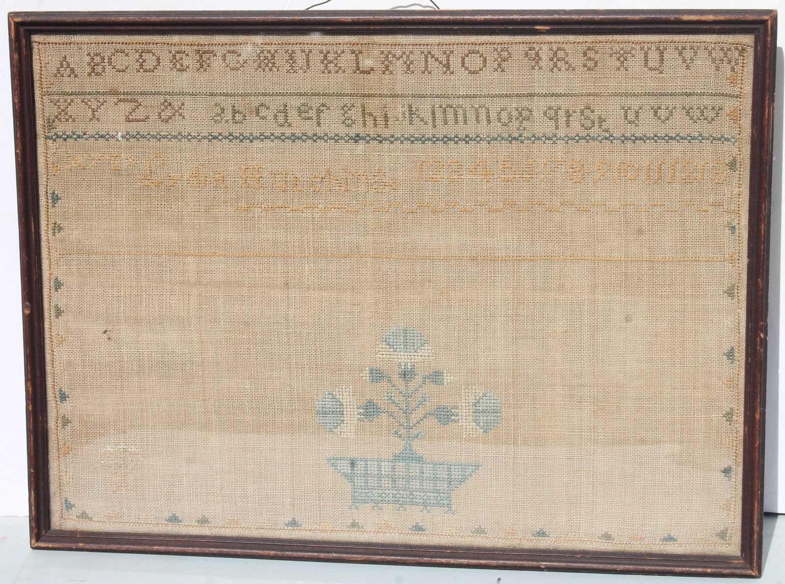 Antique sampler by Lydia Hutchins - 13 1/2"x18 1/4": Antique sampler by Lydia Hutchins - 13 1/2"x18 1/4"