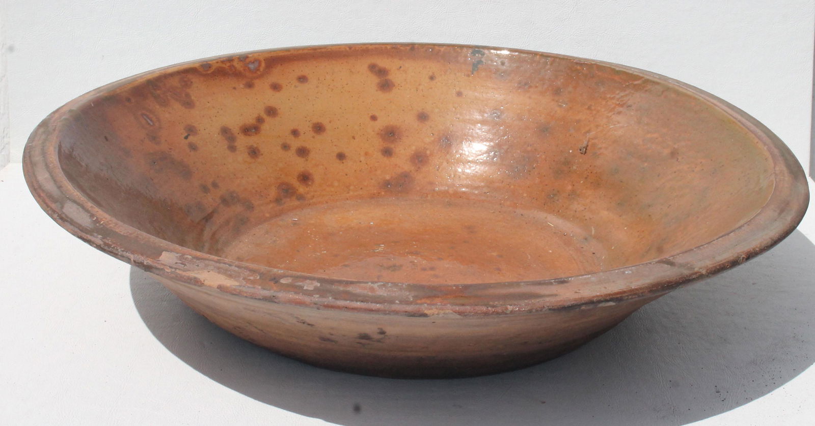 19thC redware milk pan - 19 3/4" diam x 4 1/2" tall: 19thC redware milk pan - 19 3/4" diam x 4 1/2" tall