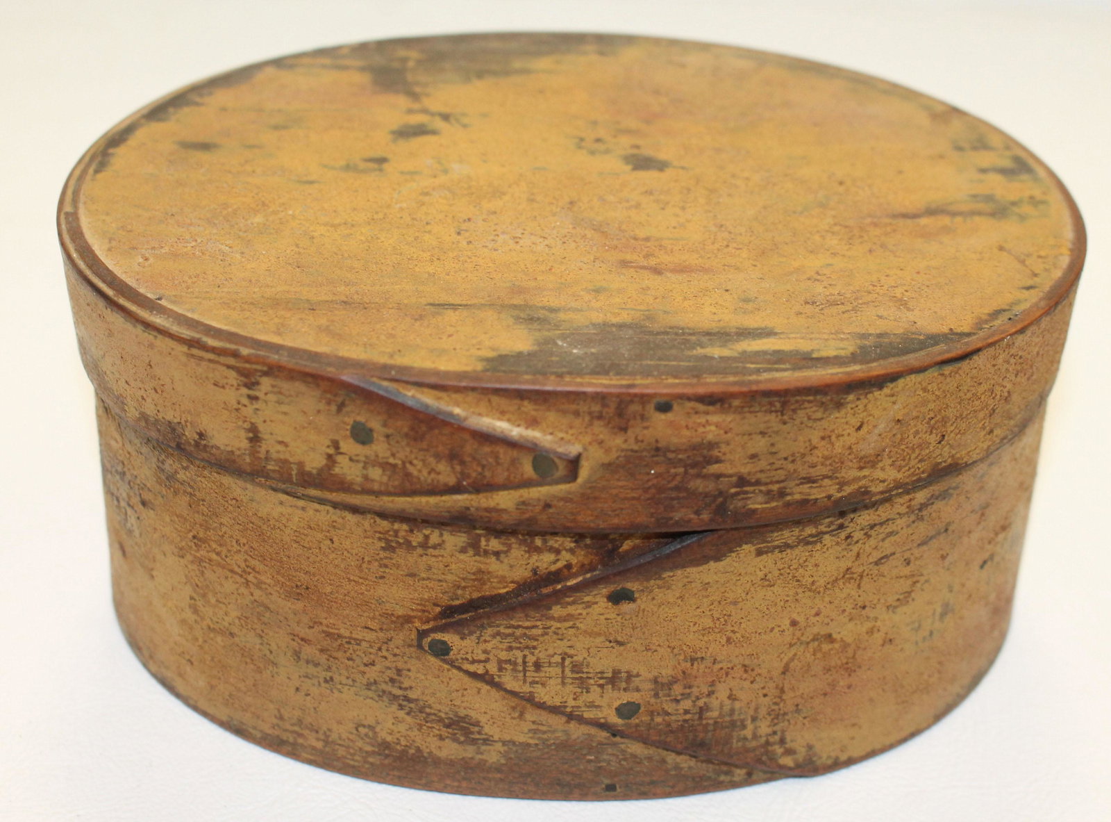 Antique oval pantry box in mustard paint - 6"x4 1/2"x3": Antique oval pantry box in mustard paint - 6"x4 1/2"x3" tall