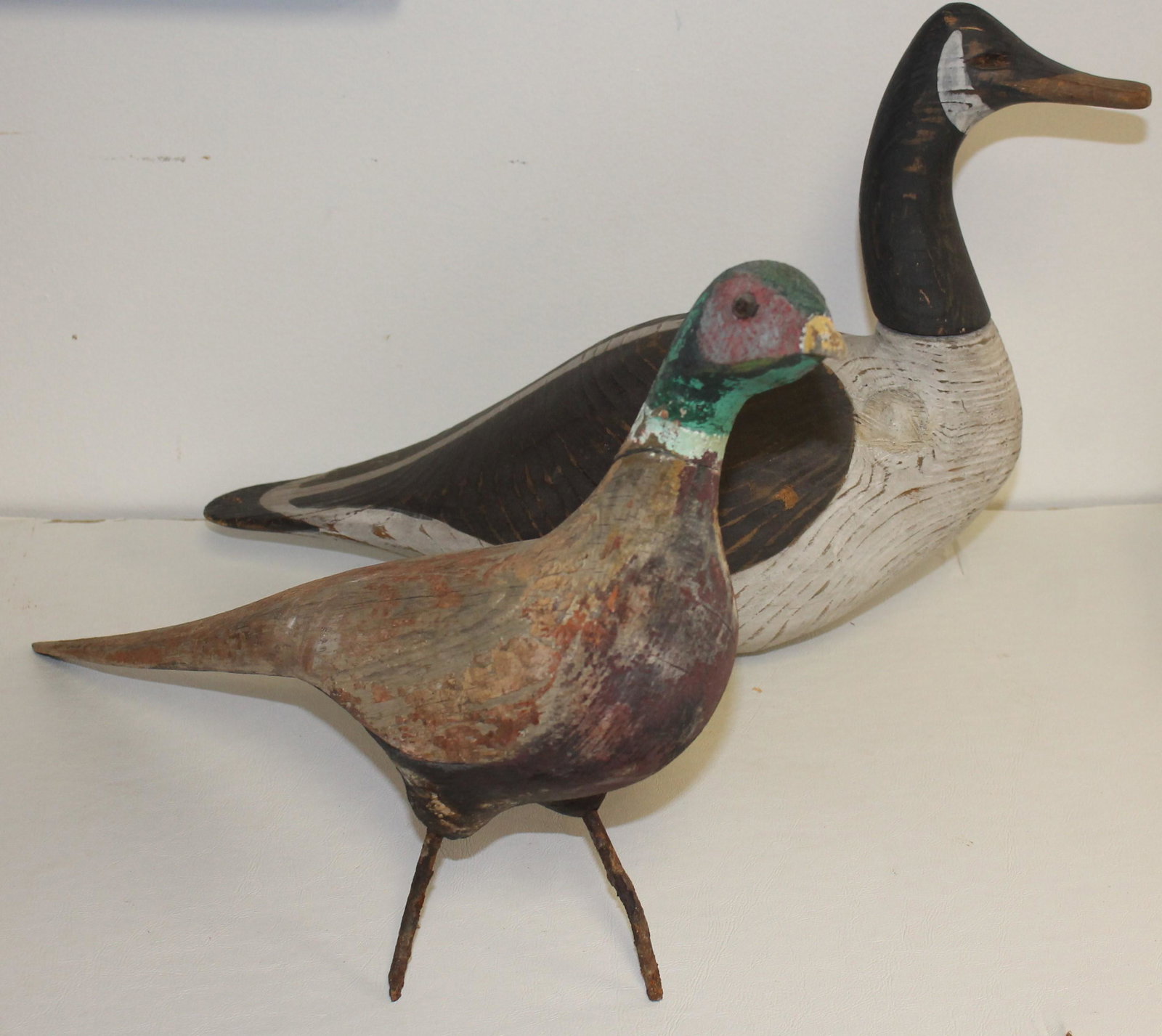 2 vintage carved and painted birds - incl. pheasant w/: 2 vintage carved and painted birds - incl. pheasant w/ iron legs & goose