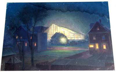 Attrib Cecil Beaton 12 x 17 ¼ o/c night time villa: Attrib Cecil Beaton 12 x 17 ¼ o/c night time village scene (has the look of an Edward Hopper)