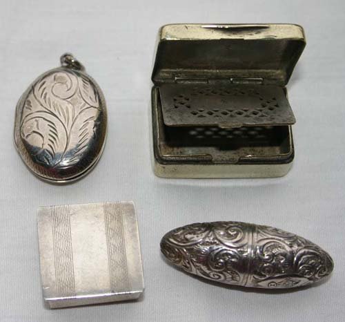 lot of 3 sterling mini items plus antique vinaigre: lot of 3 sterling mini items plus antique vinaigrette - sterling pill box, oval locket & unusual sewing egg