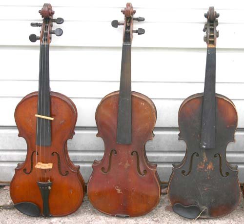 lot of 3 antique violins in cases - 2 marked Anton: lot of 3 antique violins in cases - 2 marked Antonio Stradivarius w bows
