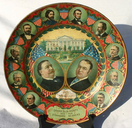 "Grand Old Party 1856-1908 Standard Bearers" 9 1/2: "Grand Old Party 1856-1908 Standard Bearers" 9 1/2" tin plate - depicts 1908 Presidential Candidates Taft & Sherman at the center w 10 Republican Presidential predecessors around the rim