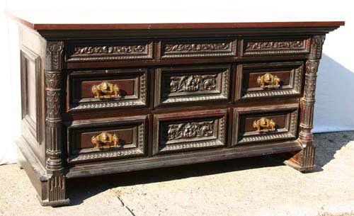 Attrib Herter Bros highly carved credenza w figure: Attrib Herter Bros highly carved credenza w figure head drawer pulls (w secret drawer)