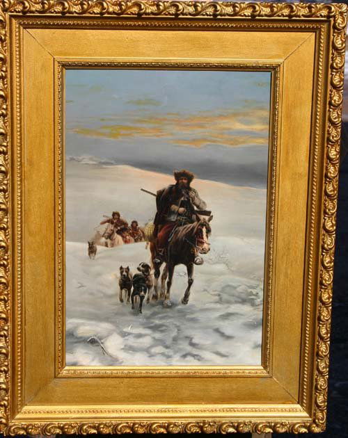 John Ford Clymer 18 ½ x 12 ¼ o/bd sgnd & dtd 1945: John Ford Clymer 18 ½ x 12 ¼ o/bd sgnd & dtd 1945 on verso (one of several paintings by John Clymer for True Magazine for a 1947 story entitled "The Montana Wolfers")