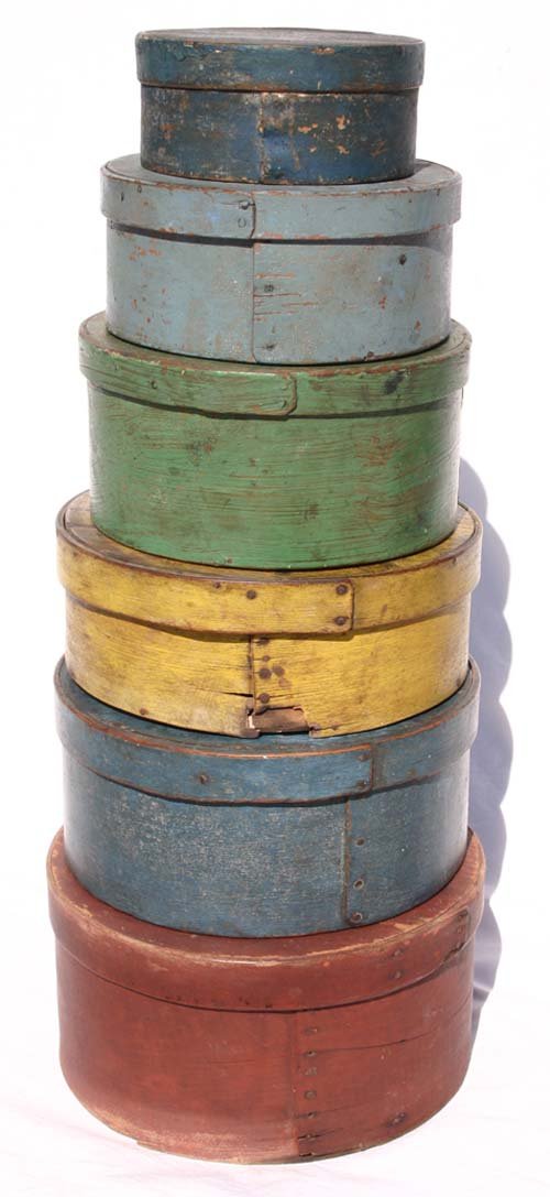 Great set of 6 antique graduated round pantry boxe: Great set of 6 antique graduated round pantry boxes in wonderful orig paint surface (from 6" to 10" in diam)