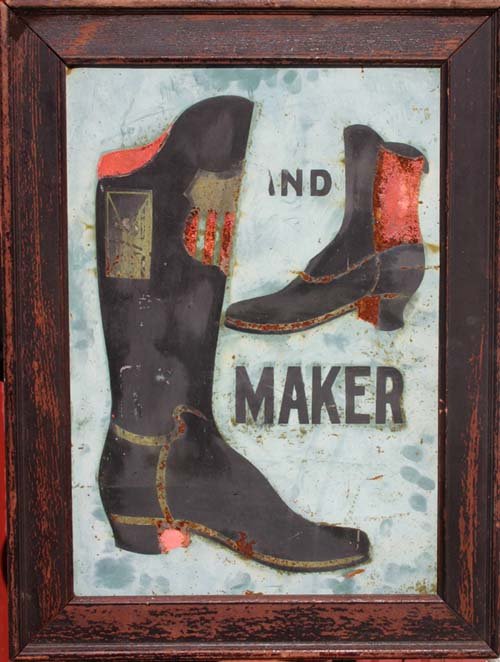 Wonderful antique boot maker's trade sign ptd on t: Wonderful antique boot maker's trade sign ptd on tin 19 ¾ x 13 ¾