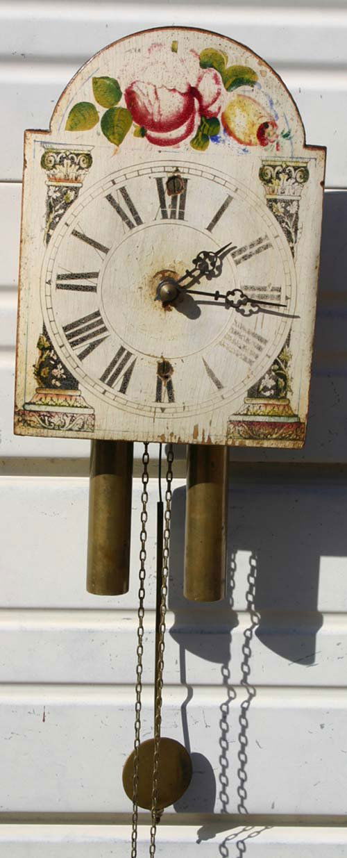 Rare diminutive (9 ½ x 6 ¾) hnd ptd antique wag on: Rare diminutive (9 ½ x 6 ¾) hnd ptd antique wag on the wall clock