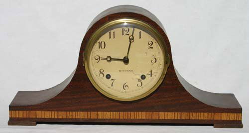 Diminutive 16 ½" long mahog inlaid Seth Thomas tam: Diminutive 16 ½" long mahog inlaid Seth Thomas tambor clock