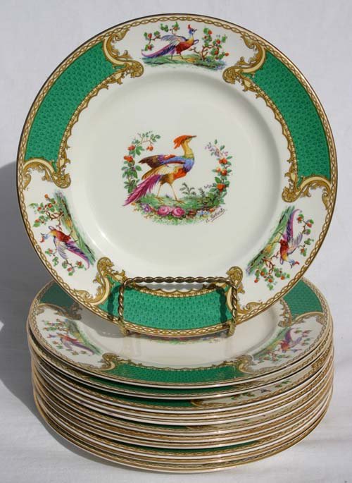 Set of 12 Myott Staffordshire hnd ptd "Chelsea Bir: Set of 12 Myott Staffordshire hnd ptd "Chelsea Bird" 9" plates artist sgnd A. Roberts