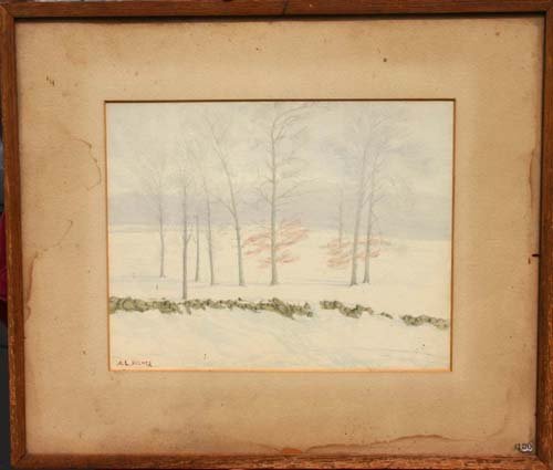 Walter Launt Palmer 9 x 11 ½ wc/gouache winter land: Walter Launt Palmer 9 x 11 ½ wc/gouache winter landscape w exhibition # on front of glass . 1 of 4 recently discovered paintings from the basement of a local institution