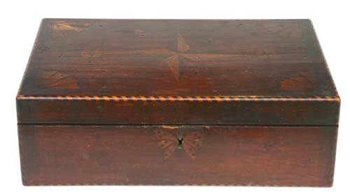 Excellent 19th C sailor made compass rose, vertica: Excellent 19th C sailor made compass rose, vertical & horizontal barber pole & fan & butterlfy inlaid sweetheart's jewelry box - 8 7/8"x 5 1/2"x 23/4"
