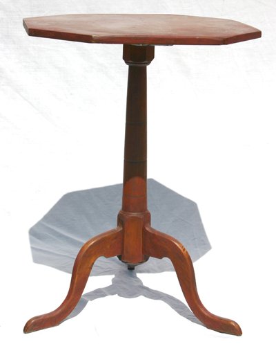 Maker sgnd "F. French" period Northern New England: Maker sgnd "F. French" period Northern New England pine & birch octagonal top snake ft candlestand w remnants of old red paint surface