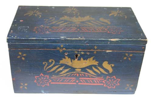 19thC sgnd Hazel J. Adams orig dark blue ptd box w: 19thC sgnd Hazel J. Adams orig dark blue ptd box w all over stencil dec - 8 1/4" x 4 3/4" x 4 1/4"