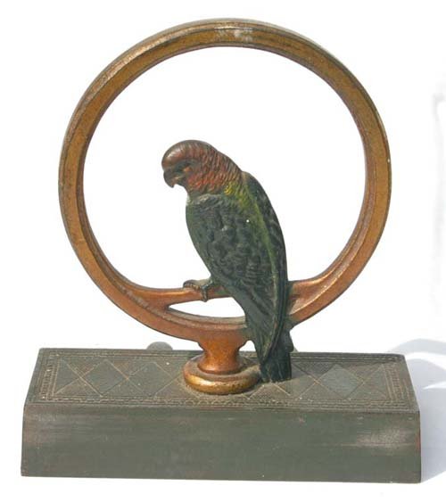 Fine Bradley & Hubbard cast iron parrot doorstop i: Fine Bradley & Hubbard cast iron parrot doorstop in mint orig paint - 8" tall