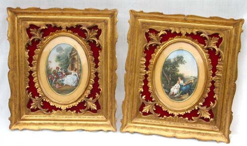 Pr of beautifully framed oval paintings on porcela: Pr of beautifully framed oval paintings on porcelain of romantic scenes