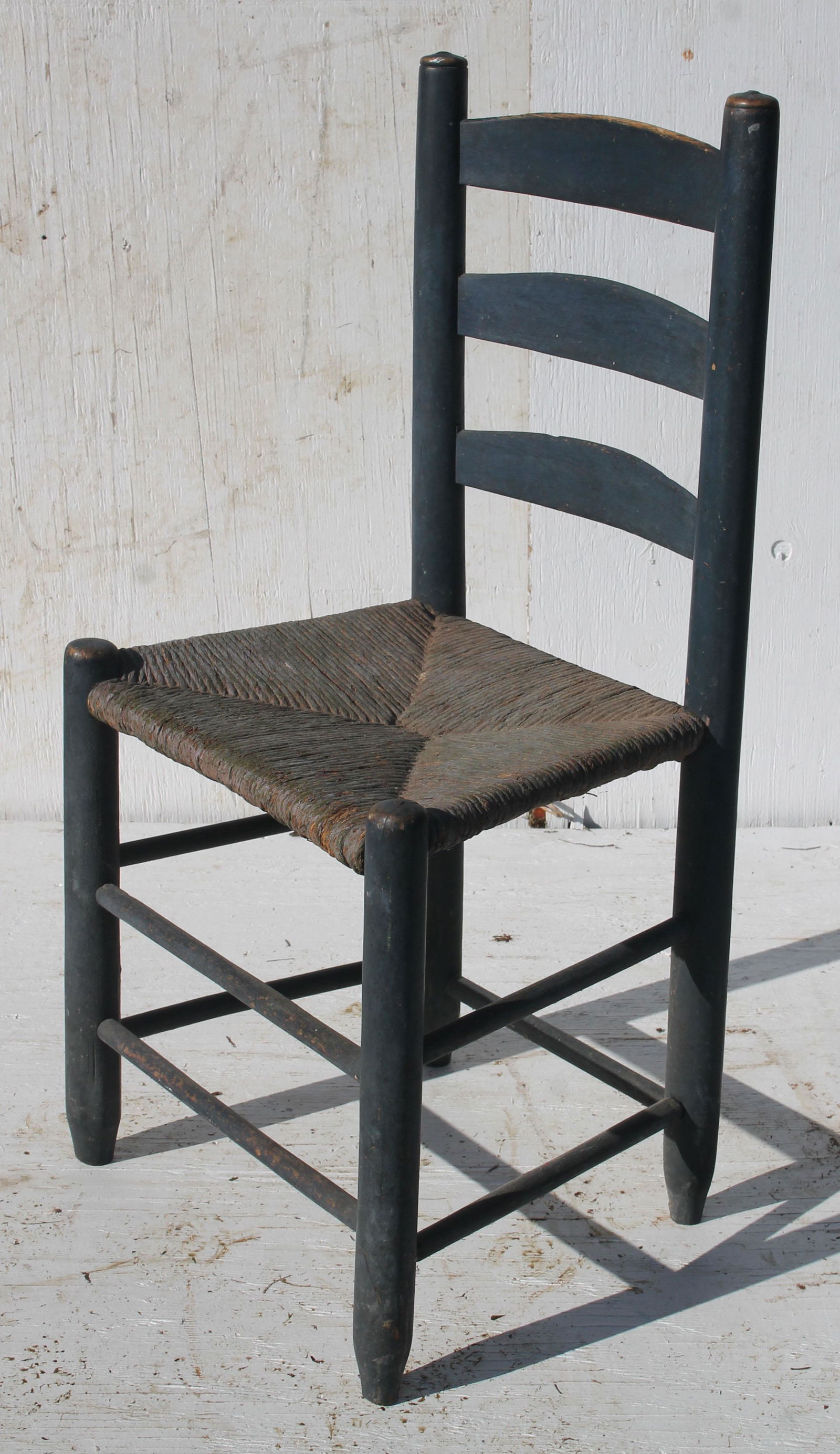 Antique blue painted ladderback chair w orig rush seat (1 of 3)