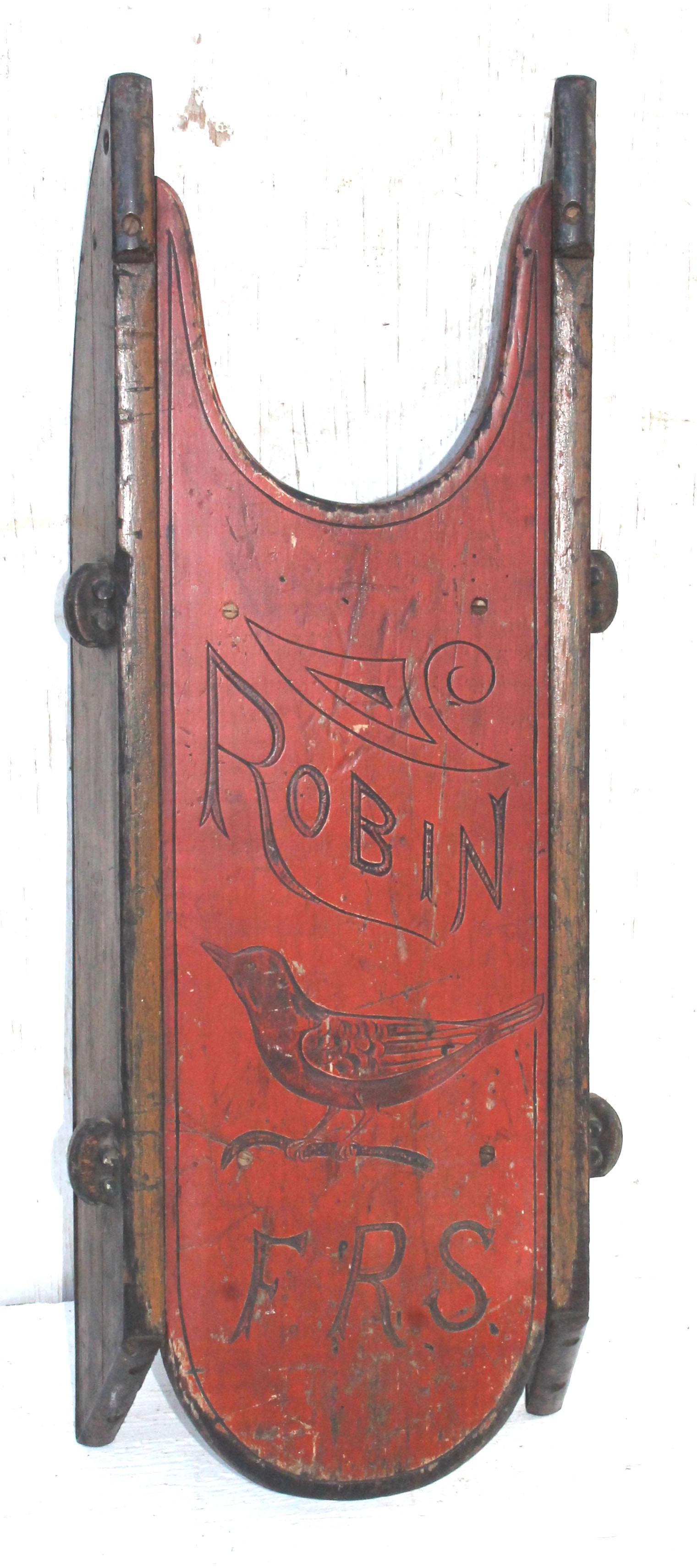 Antique red painted sled w robin painted dec and (1 of 3)