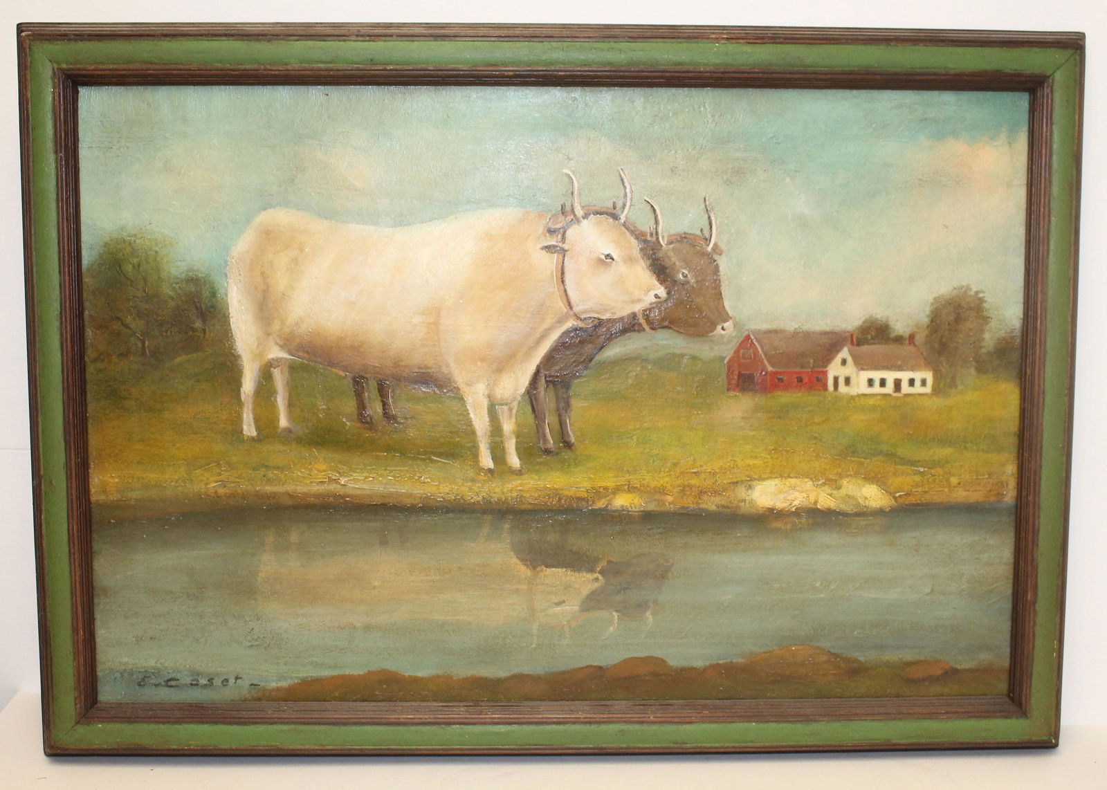 sgnd E. Caset folk art o/c of oxen in farm landscape - (1 of 8)