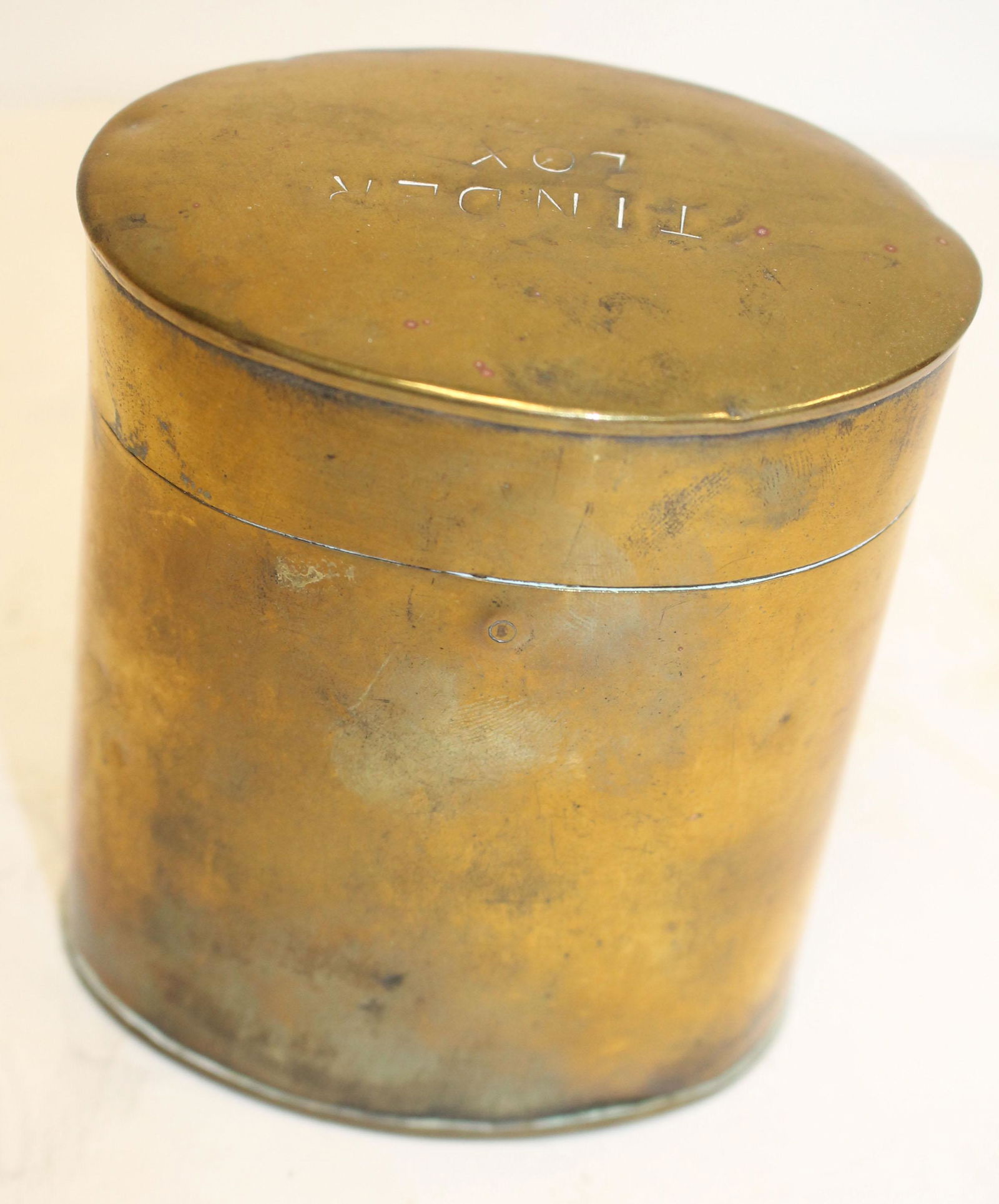 Antique brass tinder box - 3 3/4"x2 1/2" oval x 4" tall (1 of 3)