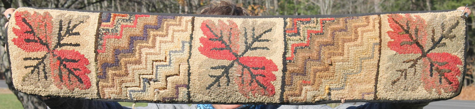 Antique hooked runner w leaf & geometric design - 8"x37 (1 of 1)