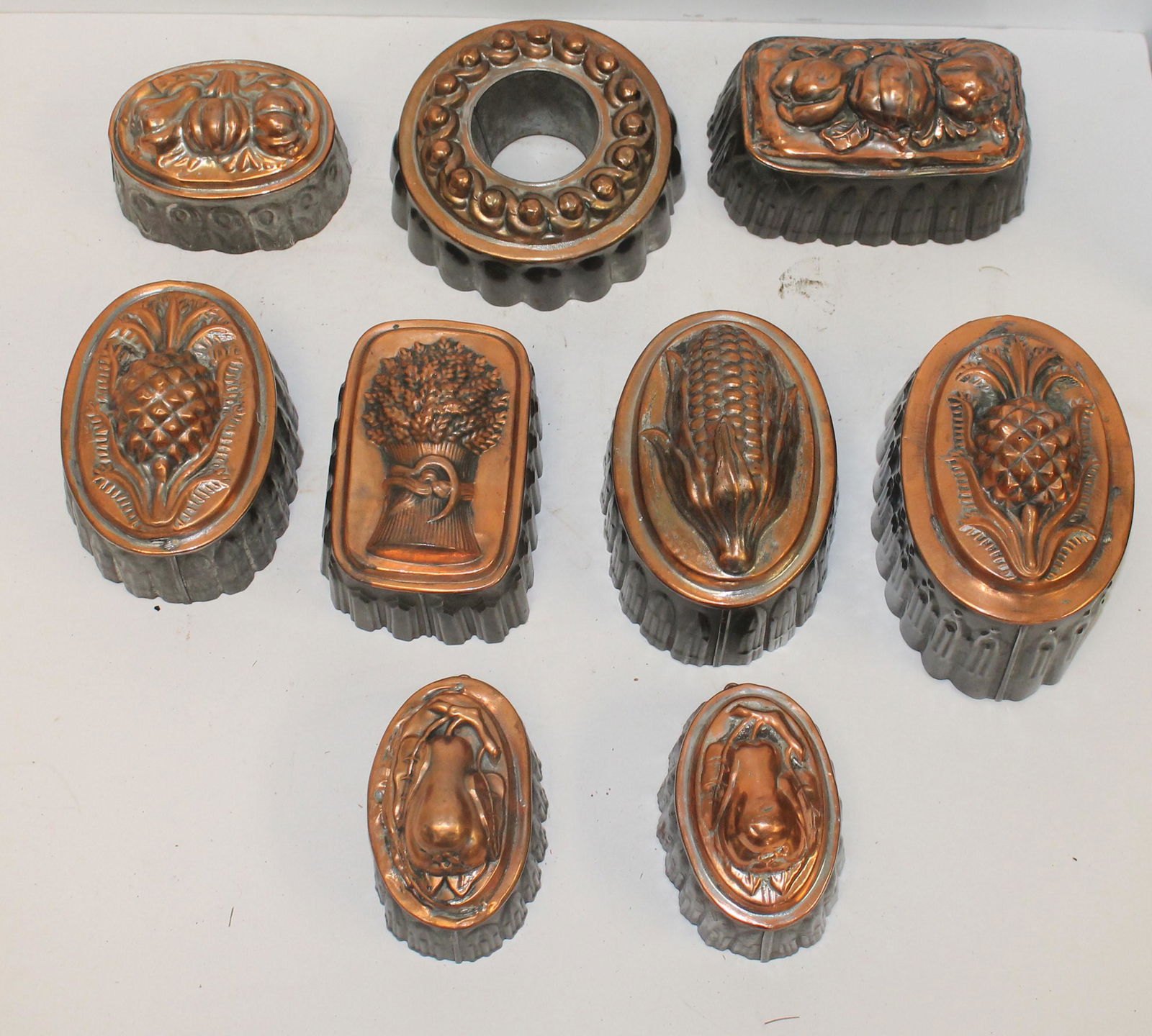 lot of 9 antique tin & copper pudding molds in various (1 of 13)