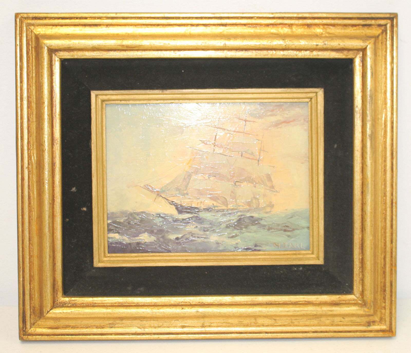 M. Earl o/masonite of a ship - 7 1/2"x5 1/2" sight size: M. Earl o/masonite of a ship - 7 1/2"x5 1/2" sight size