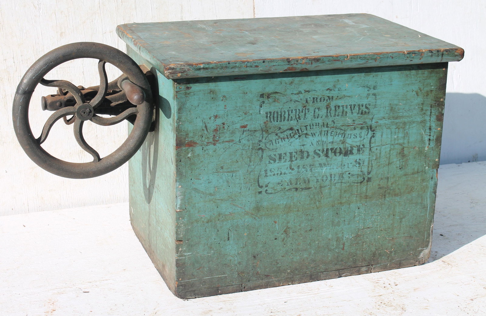 Antique orig blue painted & stencilled Robert C. Reeves: Antique orig blue painted & stencilled Robert C. Reeves Agricultural Warehouse & Seed store 1854 Water Street NY" - 39" wide incl mechanism x 18" deep x 21 1/2" tall