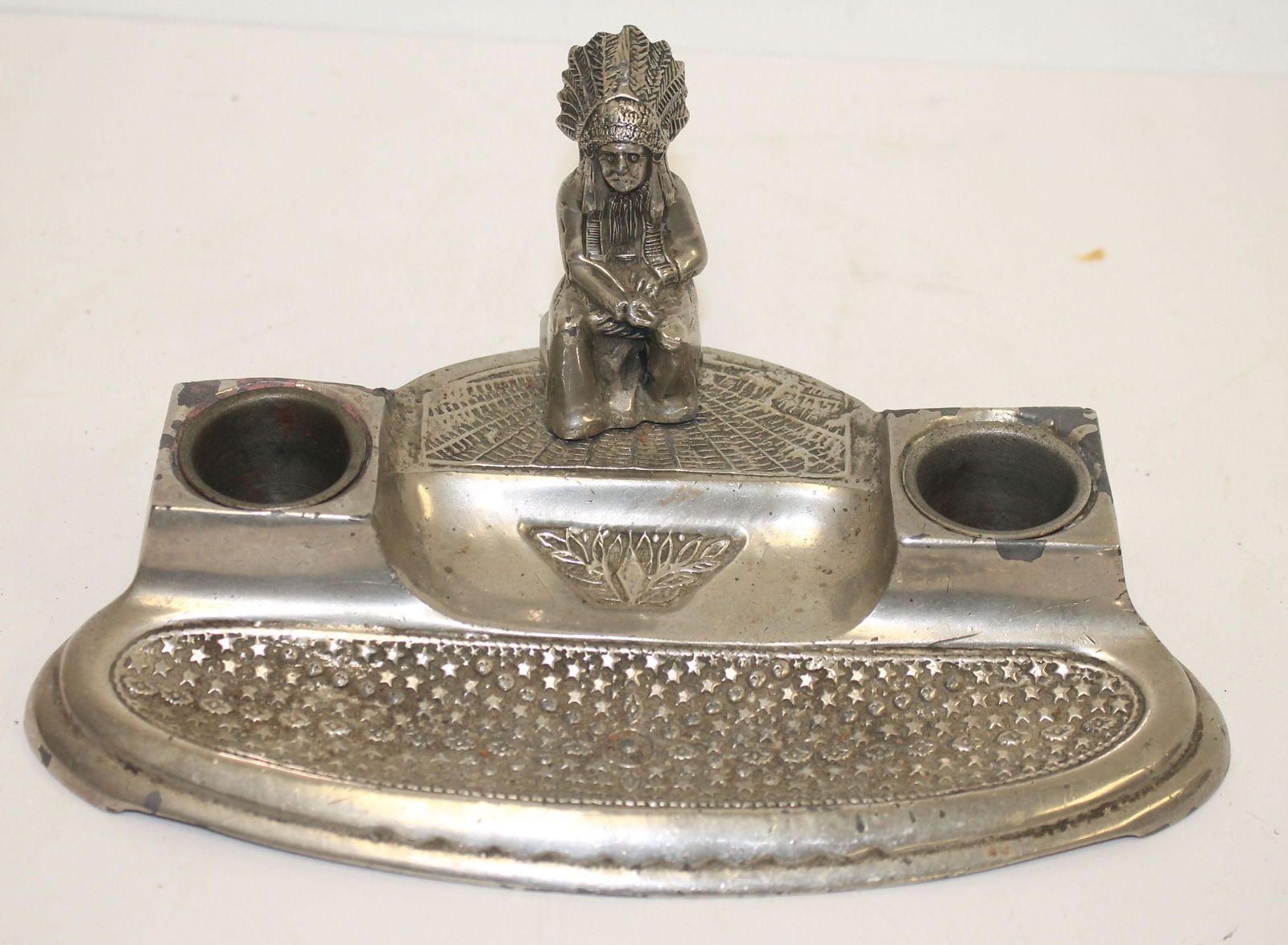 Antique Native American motif dbl inkwell - 8 1/2" long: Antique Native American motif dbl inkwell - 8 1/2" long