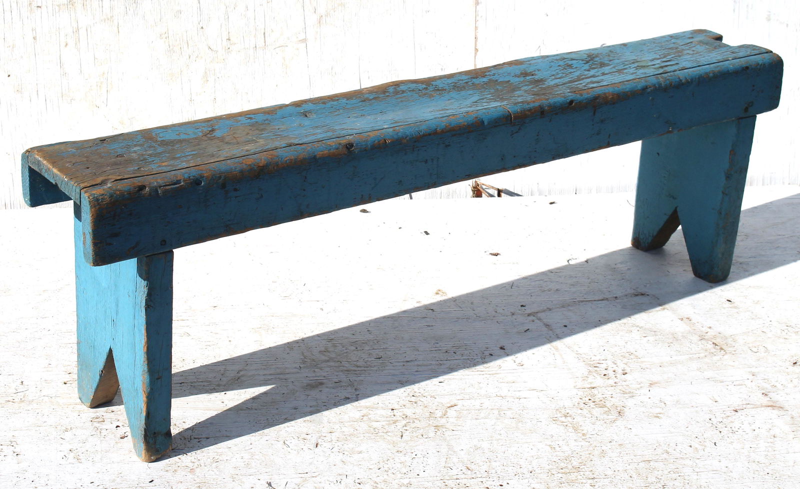 Antique blue painted bench - 48" long x 8" deep x 15 (1 of 3)
