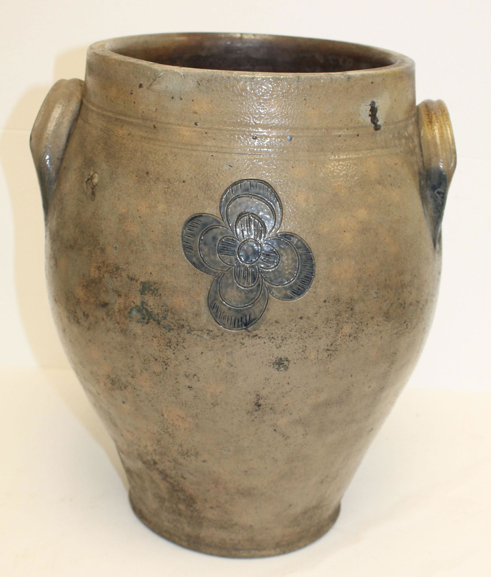 Antique stoneware ovoid crock w incised cobalt floral (1 of 8)