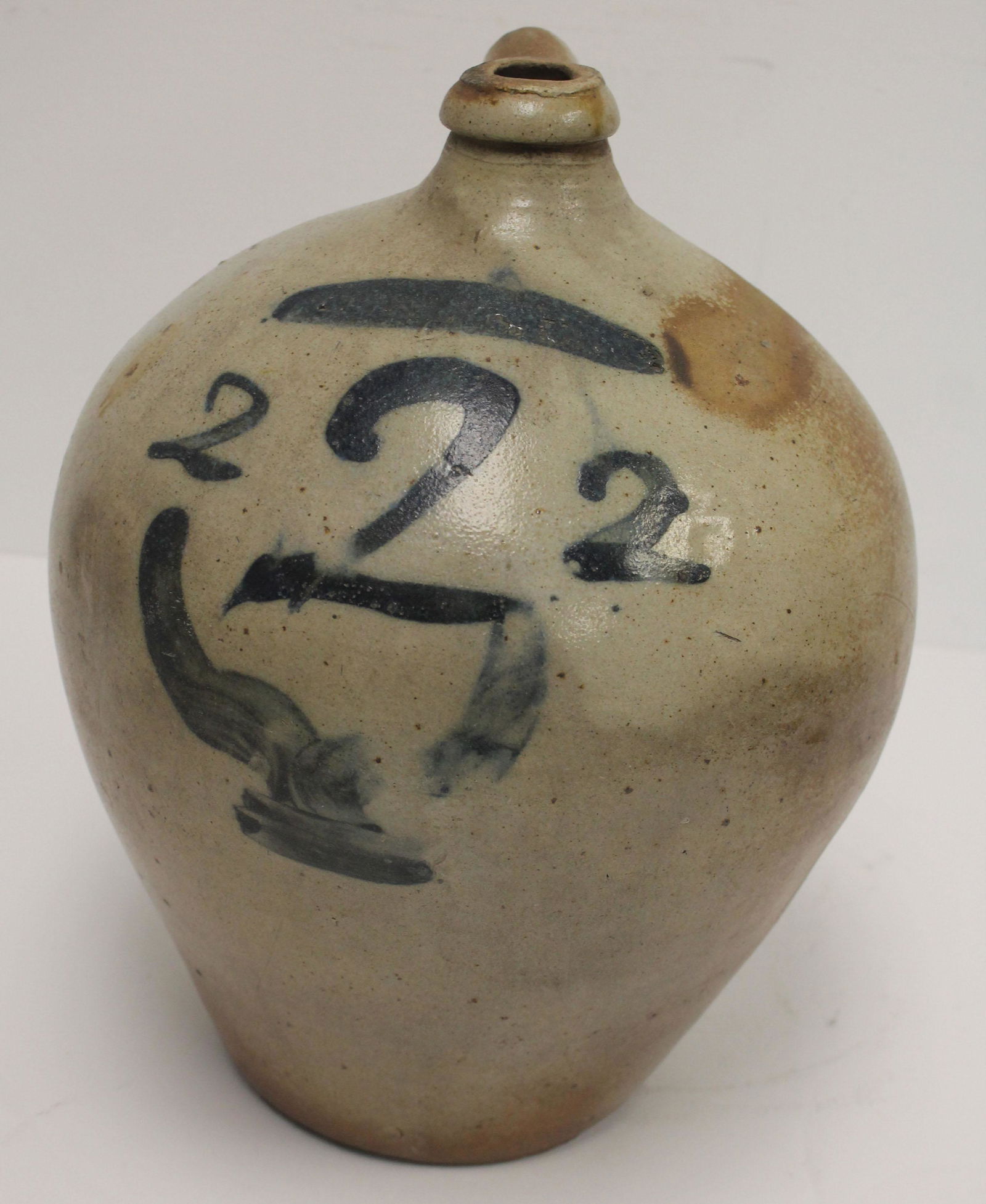 Antique stoneware ovoid jug w three cobalt "2" dec - (1 of 8)