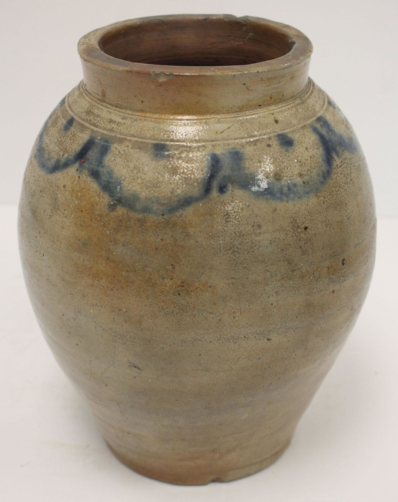 Antique stoneware ovoid jar w cobalt drape dec - 9 1/4" (1 of 5)