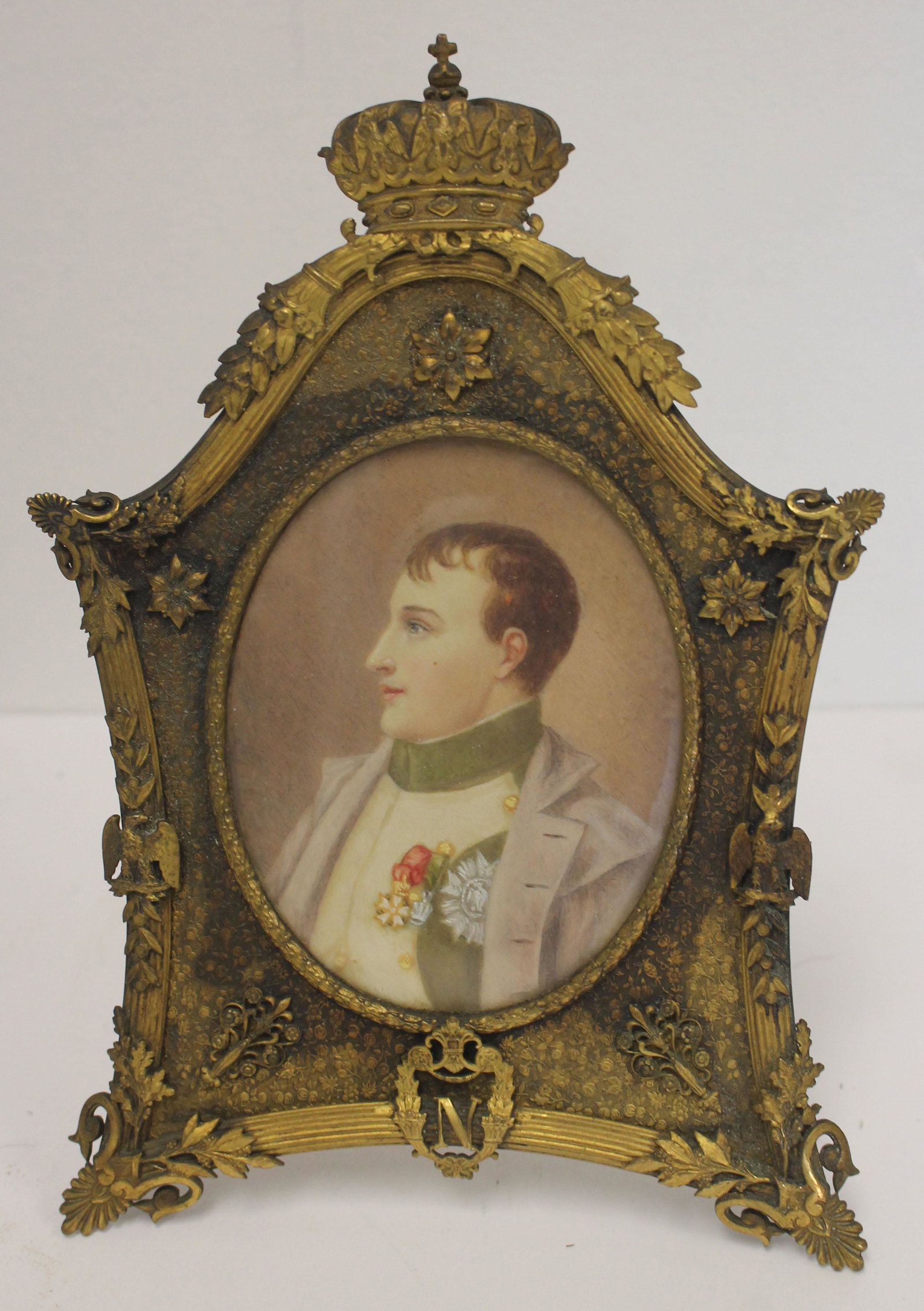 Antique w/c on bone of Napoleon in ornamental bronze: Antique w/c on bone of Napoleon in ornamental bronze frame - 3 1/2"x3" oval