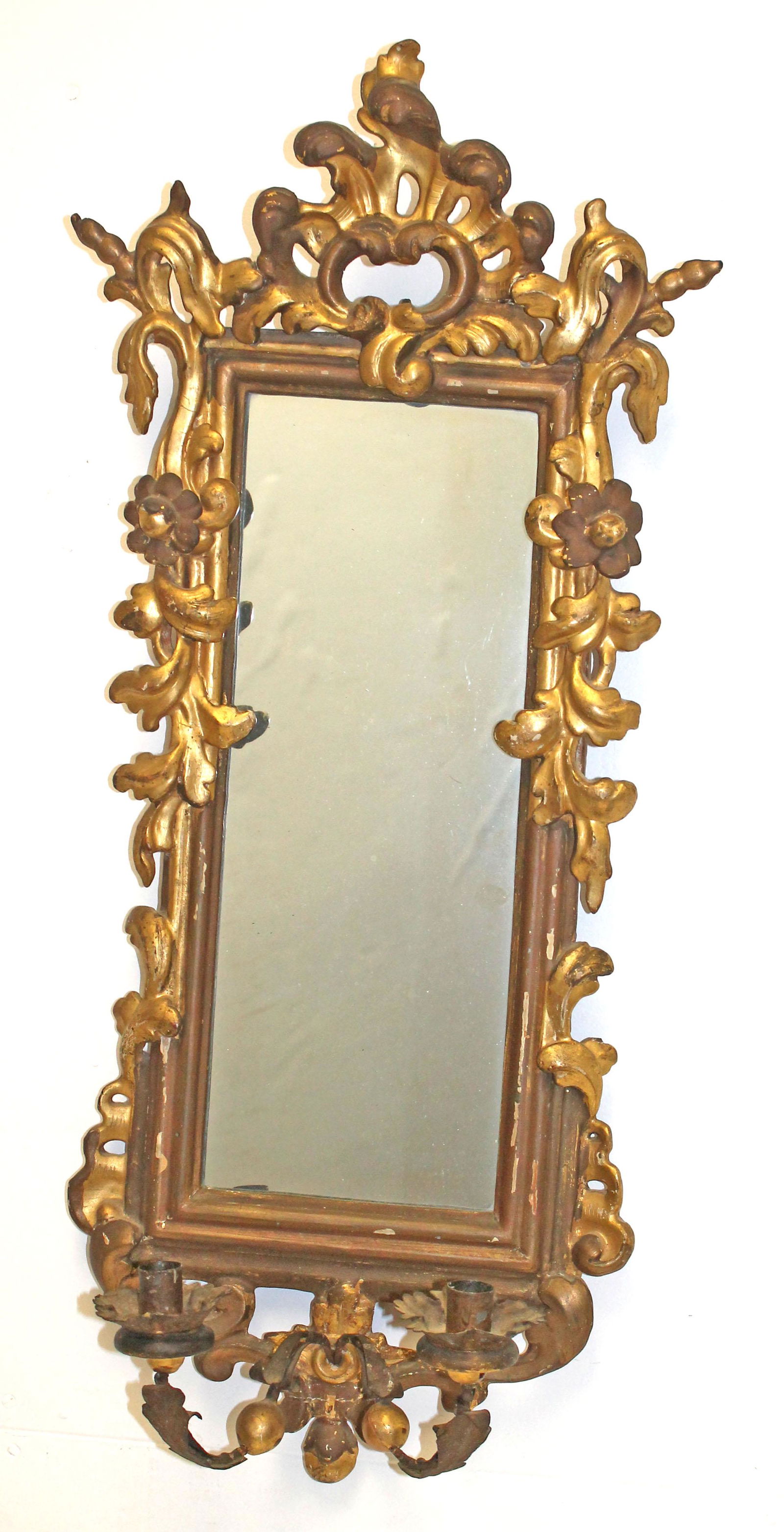 Antique carved gilt mirror sconce w orig arms - 29" (1 of 10)