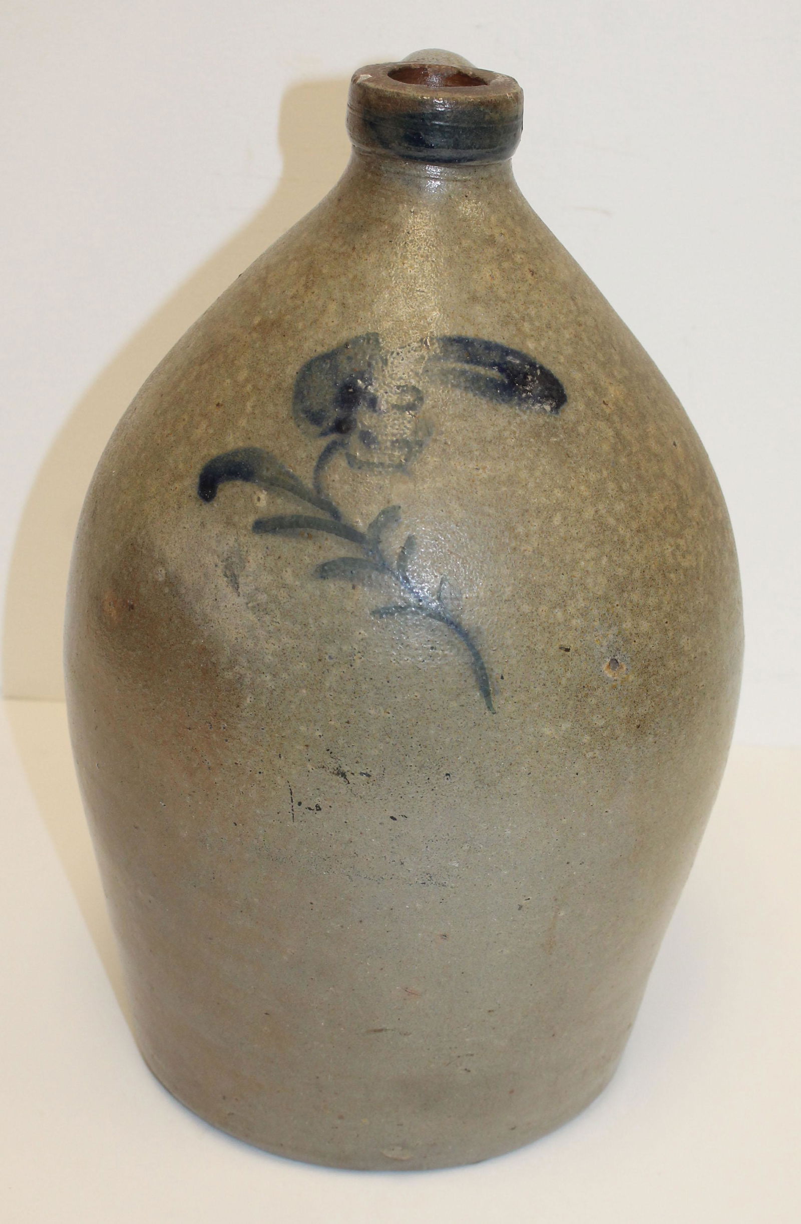 Antique stoneware jug w cobalt dec flower - 15" tall (1 of 10)