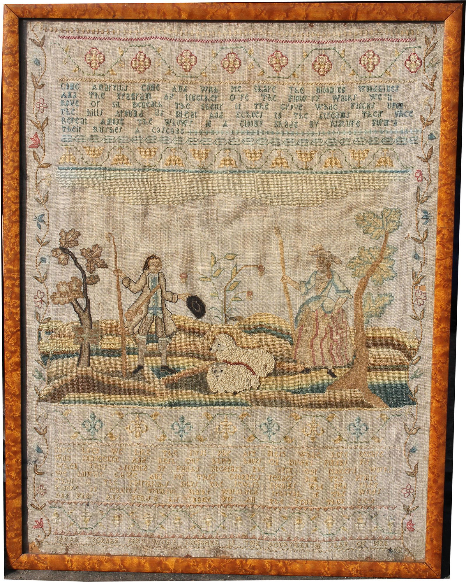 18thC pictoral sampler finely illustrated verse w sheep (1 of 5)